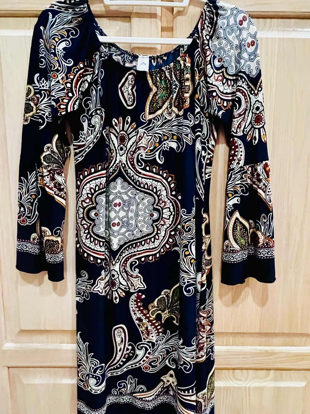 Navy Paisley Mini Dress with Bell Sleeves